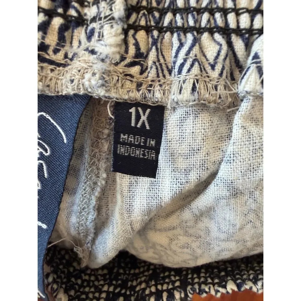 Casey Key 1X Blue White Boho Wide Leg Palazzo Pants Smocked Waist Coastal